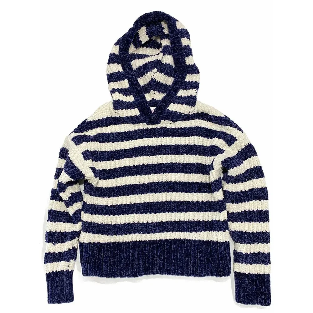 NWT JUSTICE Girls Sweater Hoodie Sz 7 Blue Ivory Stripes Pull-Over Stretch #0467